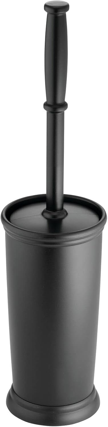 mDesign Toilet Bowl Brush and Holder - Covered Bathroom Toilet Brush - Standing Toilet Bowl Scrubber in Modern Holder - Compact, Space Saving, Deep Cleaning Brush for Toilet - Hyde Collection - Black
