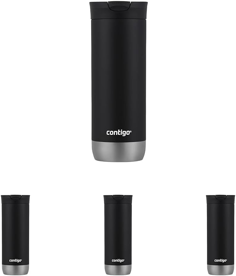 Huron Vacuum-Insulated Stainless Steel Travel Mug, 16oz Licorice - Leak-Proof Lid for Hot/Cold Beverages, Fits Most Cup Holdersand Brewers (Pack of 4)