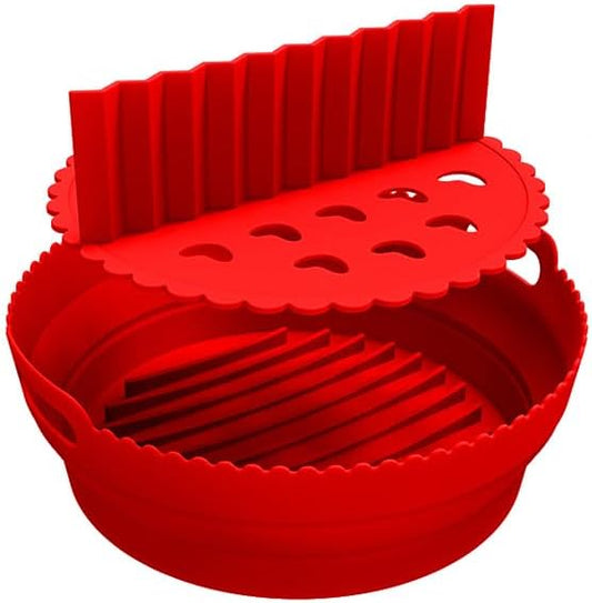 Silicone Air Fryer Liner 8.6" Round for 5–8 QT, With Divider Split for 2 Flavors, Reusable Non-Stick Collapsible Pot Liner, Dishwasher Safe, Heat-Resistant 446°F, RED, 1 Pack