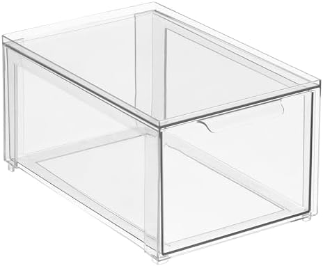 mDesign Plastic Stackable Closet Storage Organizer Bins with Pull Out Drawer for Cabinet, Desk, Shelf, Cupboard, or Dresser Organization - Lumiere Collection - 4 Pack - Clear