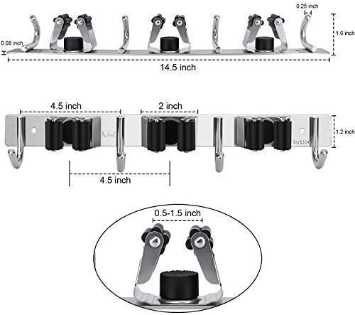 Broom Mop Holder Wall Mount,Favbal Garage Organization Tool Organizer Storage Broom Closet Kitchen Organization Heavy Duty Garage Tools Hanger with 3 Racks 4 Hooks for Home Kitchen Garden Laundry Room