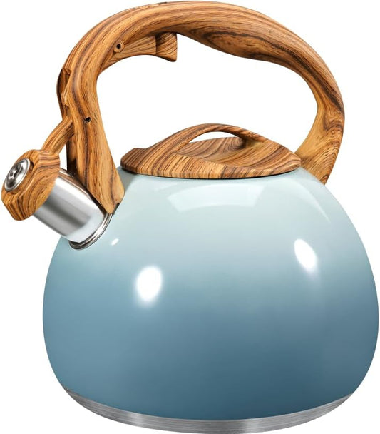 GGC Tea Kettle for Stove Top, 3.1QT/3L Whistling Tea Kettles for Boiling Water Coffee or Milk, Gradient Gray Tea Pot with Wood Parttern Handle, Stainless Steel Tea Pot for Home and Kitchen