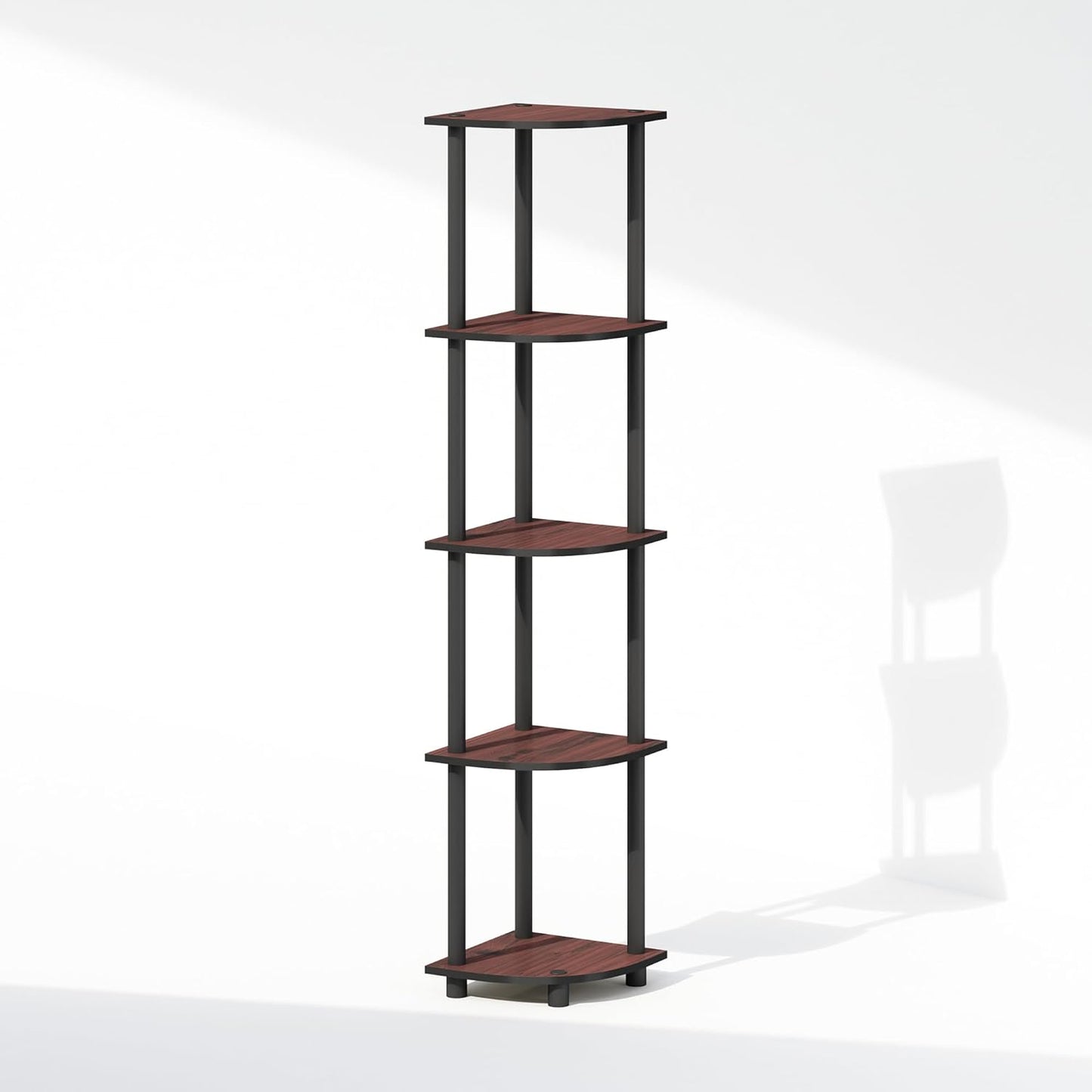 Furinno Turn-N-Tube Corner Shelf, 5-Tier Corner Bookshelf, Open Storage Shelves, for Organization and Storage, Living Room, Home Office, Garage, Bedroom, Dark Cherry