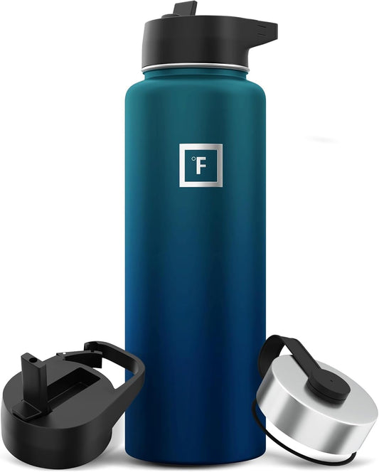 IRON °FLASK Camping & Hiking Hydration Flask with Straw, Wide Mouth Insulated Stainless Steel Sports Water Bottle - 40 oz Dark Night