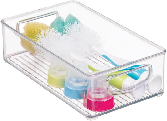 mDesign Small Plastic Baby Nursery and Food Organizer -Storage Holder Bin with Handles for Closet, Cupboard, Cabinet, Drawers, Shelves - Holds Canned Food, Bottles, Formula - Ligne Collection, Clear
