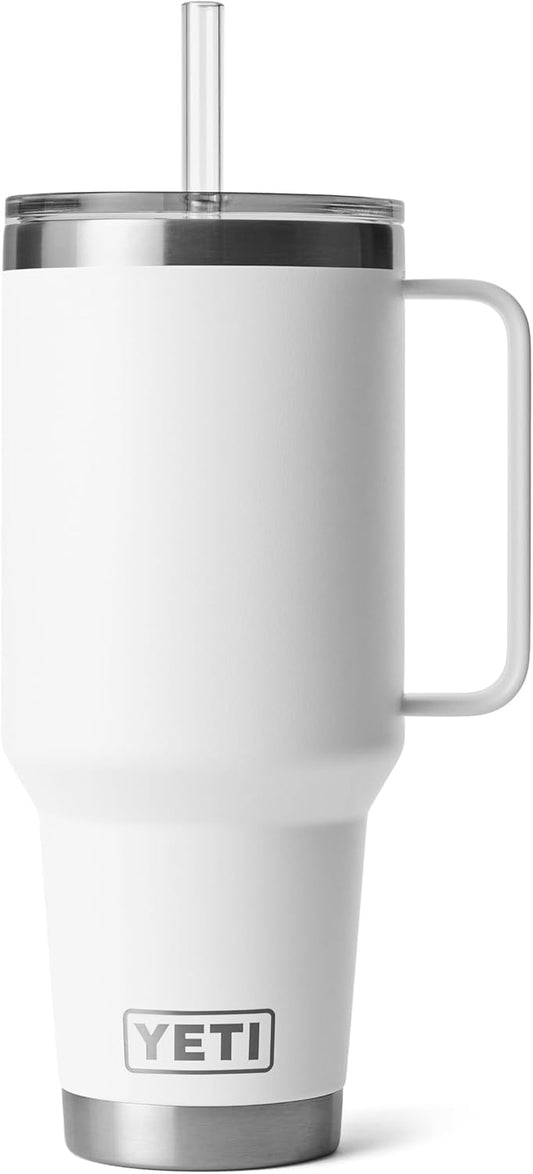 YETI Rambler 42 oz Tumbler with Handle and Straw Lid, Travel Mug Water Tumbler, Vacuum Insulated Cup with Handle, Stainless Steel, White