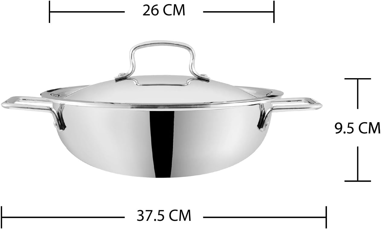 Vinod Platinum Triply Stainless Steel Kadai | Suitable For Indian Cooking, Sauces, Stews, Soups | Extra Deep, 26cm | Induction, Electric Friendly