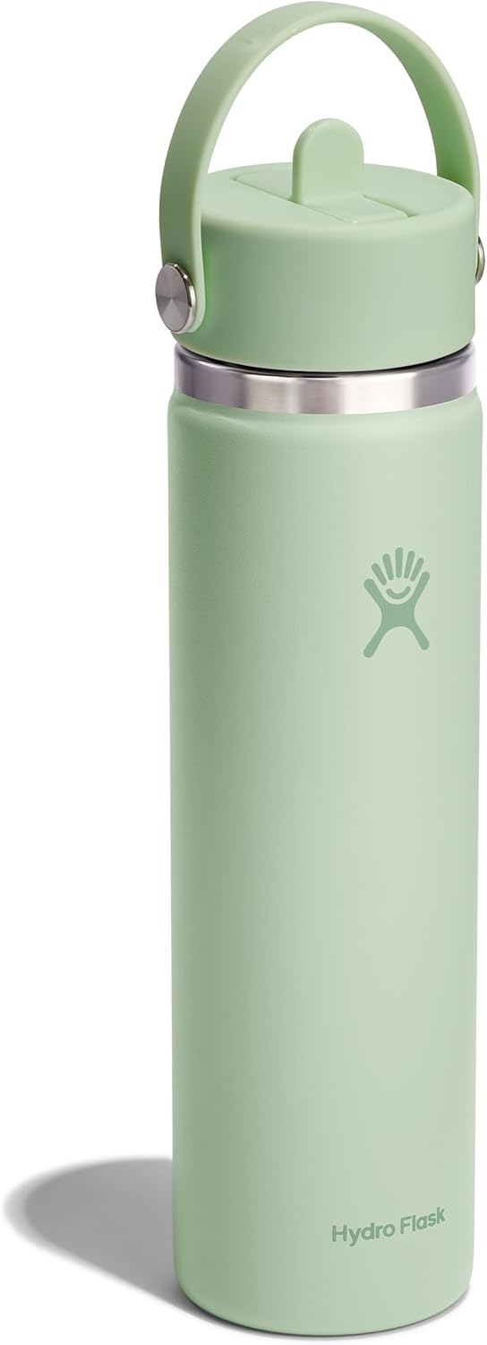 Hydro Flask Water Bottle - Insulated Stainless Steel - Wide Mouth Flex Straw Lid, Non Spill, Leakproof and Refillable in 24 Oz Aloe Green