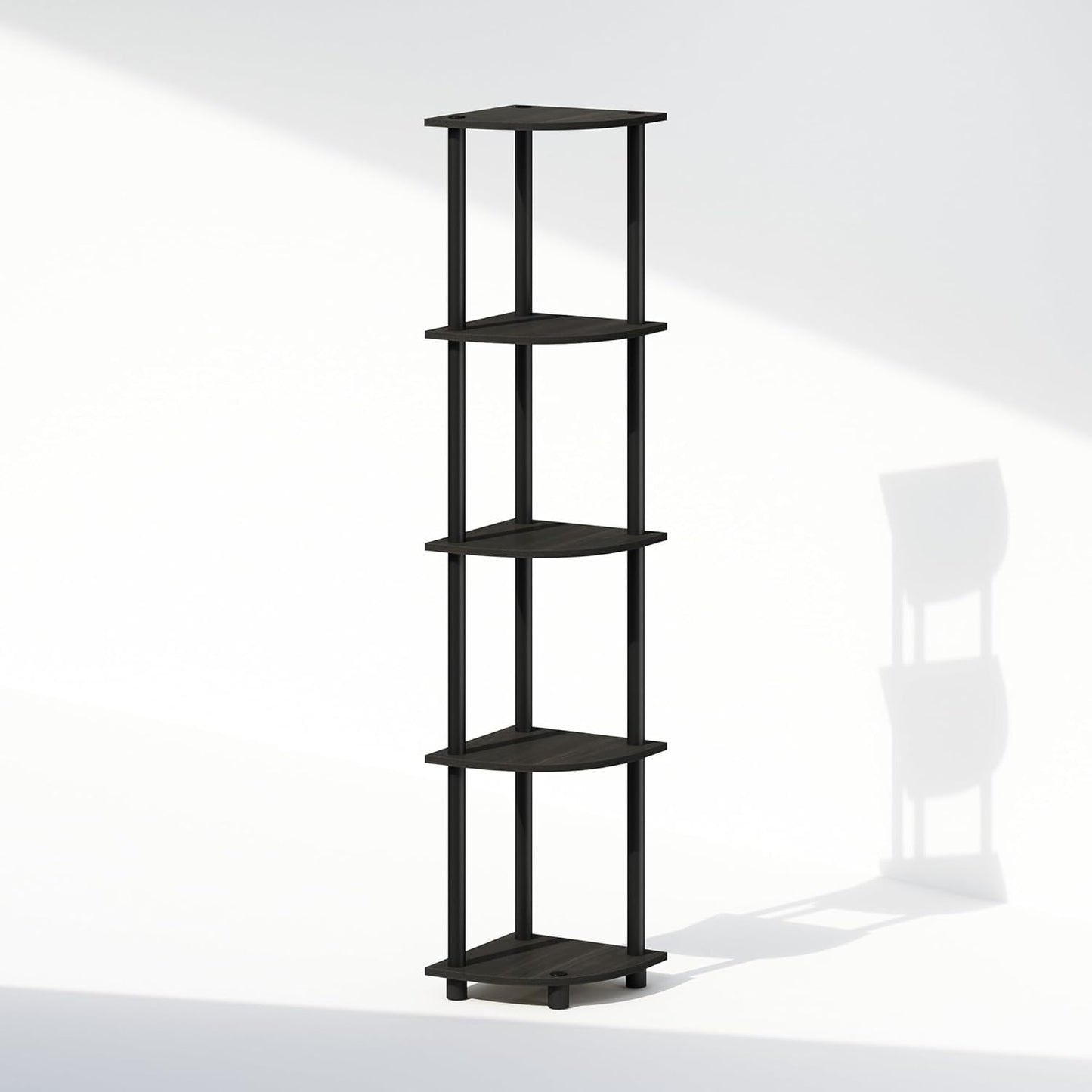 Furinno Turn-N-Tube Corner Shelf, 5-Tier Corner Bookshelf, Open Storage Shelves, for Organization and Storage, Living Room, Home Office, Garage, Bedroom, Espresso