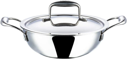 Vinod Platinum Triply Stainless Steel Kadai | Suitable For Indian Cooking, Sauces, Stews, Soups | Extra Deep Kadai With Lid | Induction, Electric Friendly (26cm)