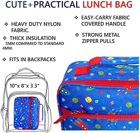 kinsho Bento Lunch Box, Water Bottle, Ice Pack Set for Kids Toddlers, 5 Portion Sections, Removable Plastic Tray, Pre-School Kid Toddler Daycare Lunches, Snack Container, Blue Space Rocket