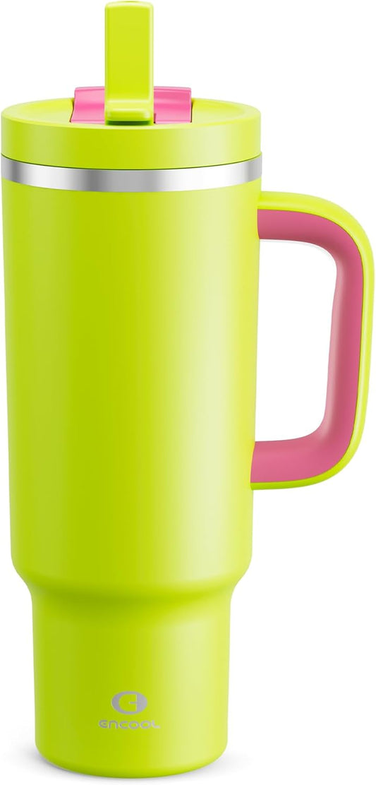 ENCOOL 40 oz Tumbler with Handle and Straw: Stainless Steel Insulated Tumbler Keeps Cold for 24 Hours, Leakproof Travel Cup Fits in Cup Holder and BPA-Free,Acid Green