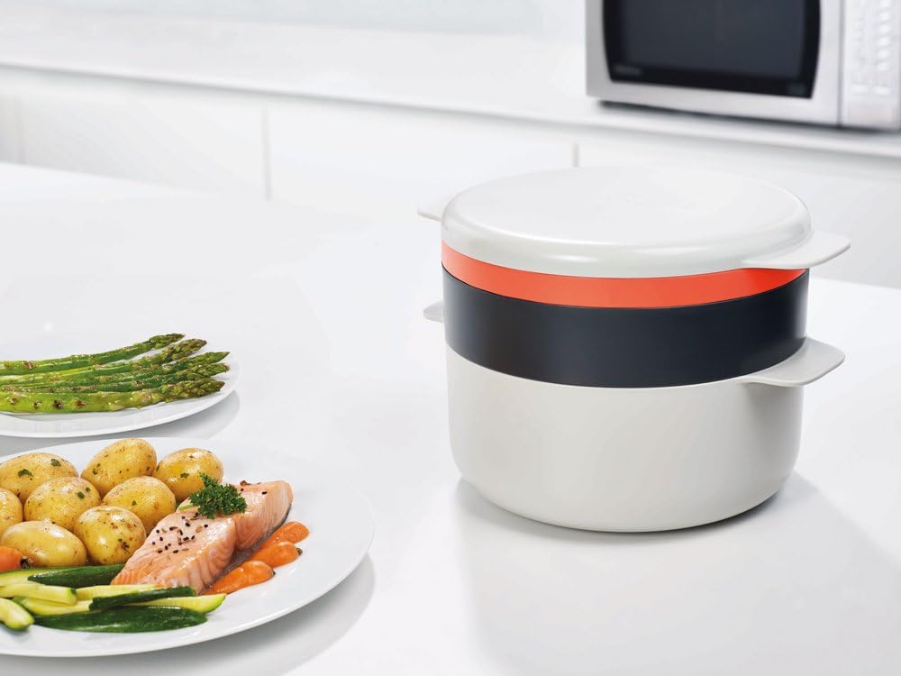 Joseph Joseph M-Cuisine Microwave 4-Piece Stackable Cooking Set, 2 liter cooking pot, steamer, griddle and lid, Orange/Beige