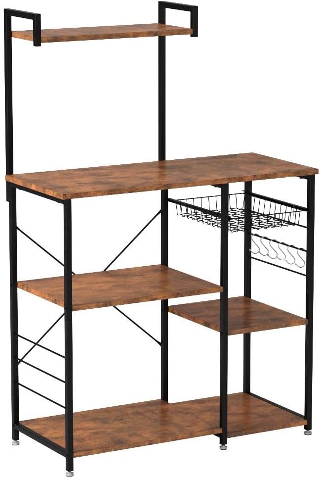 VASAGLE Baker's Rack, Microwave Stand, Kitchen Storage Rack with Wire Basket, 6 Hooks, and Shelves, for Spices, Pots, and Pans, Rustic Brown and Ink Black UKKS35X