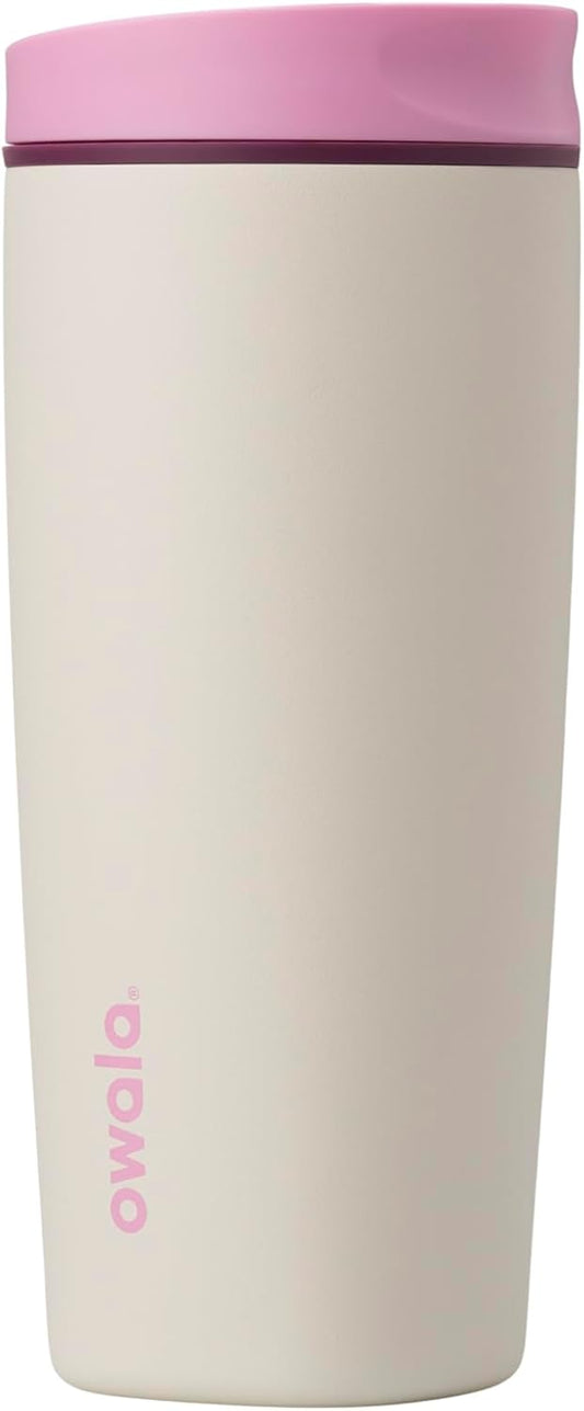 Owala SmoothSip Slider Insulated Stainless Steel Coffee Tumbler, Reusable Iced Coffee Cup, Hot Coffee Travel Mug, BPA Free 20 oz, Pink/Tan (Daybreak)