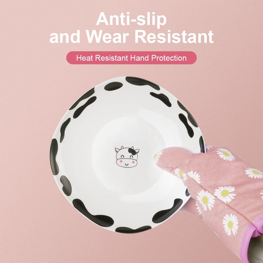 AUAUY Oven Mitts and Potholders, BBQ Gloves Heat Resistant, 1 Pair Oven Mitts and 2 Pot Holders, Cotton Non-Slip Cooking Gloves for Cooking Baking Kitchen Microwave Pizza(Daisy-Pink)