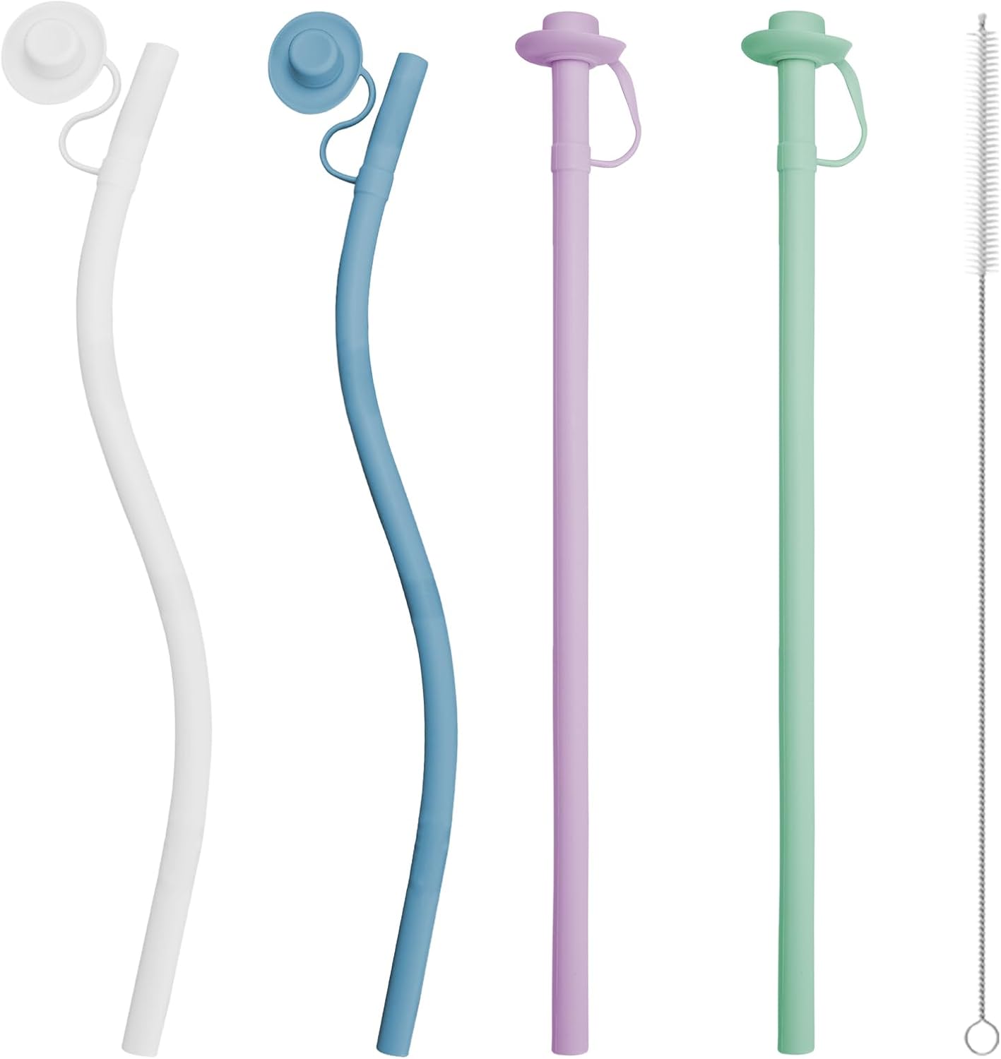 4 PCS Reusable 12 inch Long Silicone Straws with Cowboy Straws Cover Cap for Stanley Cup 40 oz 30 oz 20 oz, Stanley Tumbler Accessorie (White,Green,Purple,Blue)