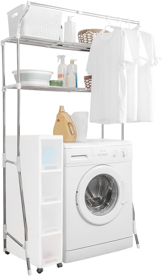 BAOYOUNI 2-Tier Laundry Room Shelf Over Washing Machine Storage Utility Rack Above Toilet Washer Dryer Bathroom Organizer Width Adjustable Space Saving Shelving Units with Clothes Hanging Rod, White