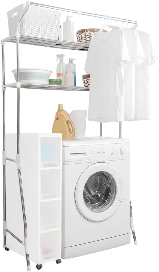 BAOYOUNI 2-Tier Laundry Room Shelf Over Washing Machine Storage Utility Rack Above Toilet Washer Dryer Bathroom Organizer Width Adjustable Space Saving Shelving Units with Clothes Hanging Rod, White