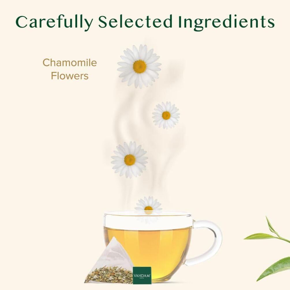 VAHDAM, Chamomile Herbal Tea (100 Pyramid Tea Bags) Resealable Ziplock Pouch | Caffeine Free, Non GMO, Gluten Free | 100% Pure Tisane - Sweet & Floral | Made With Natural Chamomile Flowers