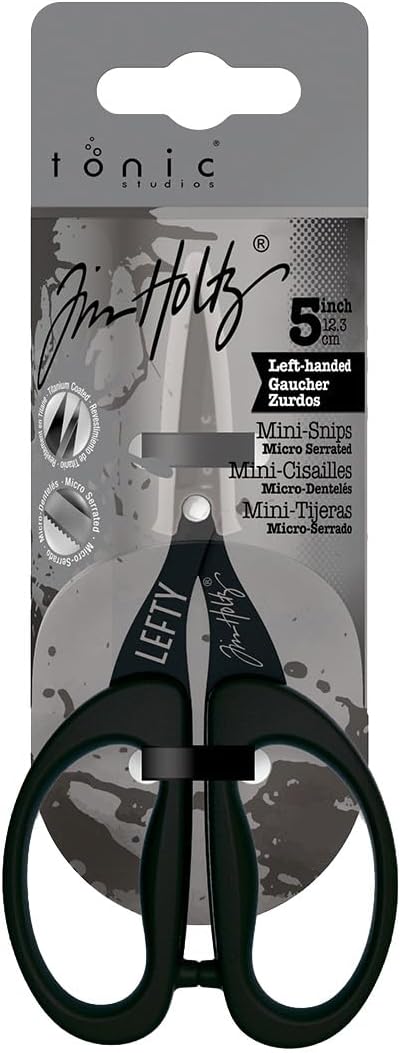 Tim Holtz Left Handed Scissors - 5 Inch Mini Snips with Micro Serrated Blade - Lefty Craft Tool for Cutting Paper, Fabric, and Sewing - Titanium with Black Comfort Grip Handles