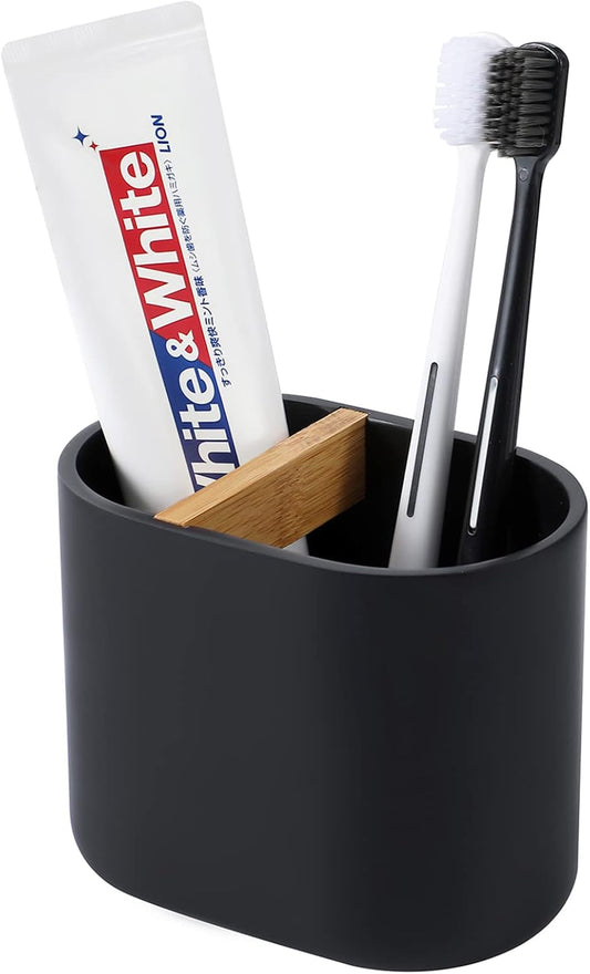 rejomiik Thick Resin Toothbrush Holders Bamboo Tooth Brushing Holder for Bathroom Countertop, Tooth Brush Storage Organizer Stand for Holds Toiletries and Beauty Accessories, Toothpaste, Razor, Black