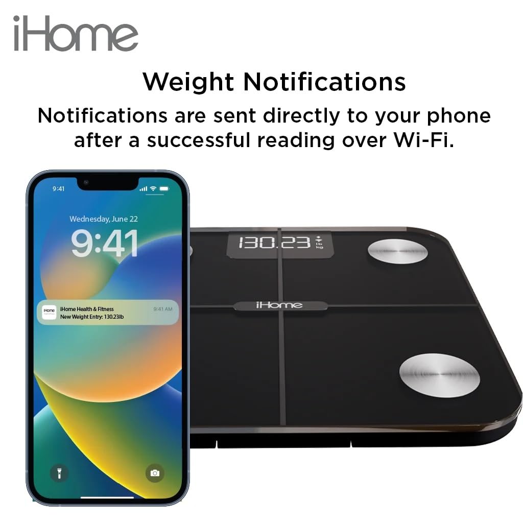 iHome Digital WiFi Smart Scale for Body Weight, Weight Scale, Including BMI, Body Fat, Muscle Mass, Batteries Included (Black Smart WiFi)