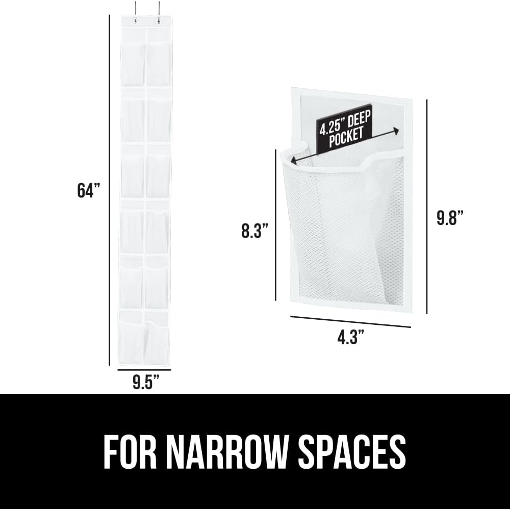 GORILLA GRIP Over the Door Shoe Organizer, 12 Large Breathable Mesh Pockets, Space Saving Hanging Storage Holder, 2 Hook Closet Rack Hanger, Hangs on Closets for Shoes, Accessories, 64H x 9.5W White