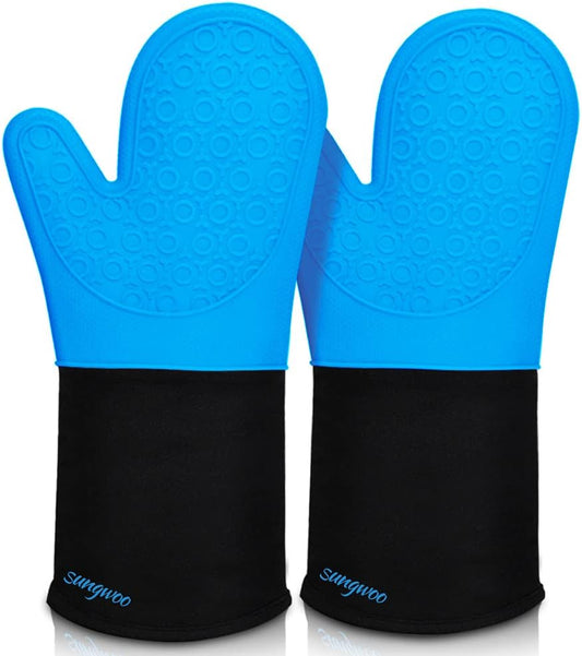 sungwoo Extra Long Silicone Oven Mitts, Heat Resistant Oven Gloves with Quilted Liner Non-Slip Textured Grip Perfect for BBQ, Baking, Cooking and Grilling - 1 Pair 14.6 Inch Blue & Black