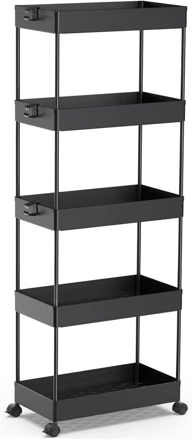 SPACEKEEPER 5-Tier Rolling Cart, Bathroom Storage Organizer Utility Cart, Mobile Shelving Unit Slide Out Shelves for Kitchen Living Room Laundry Room & Dressers, Black