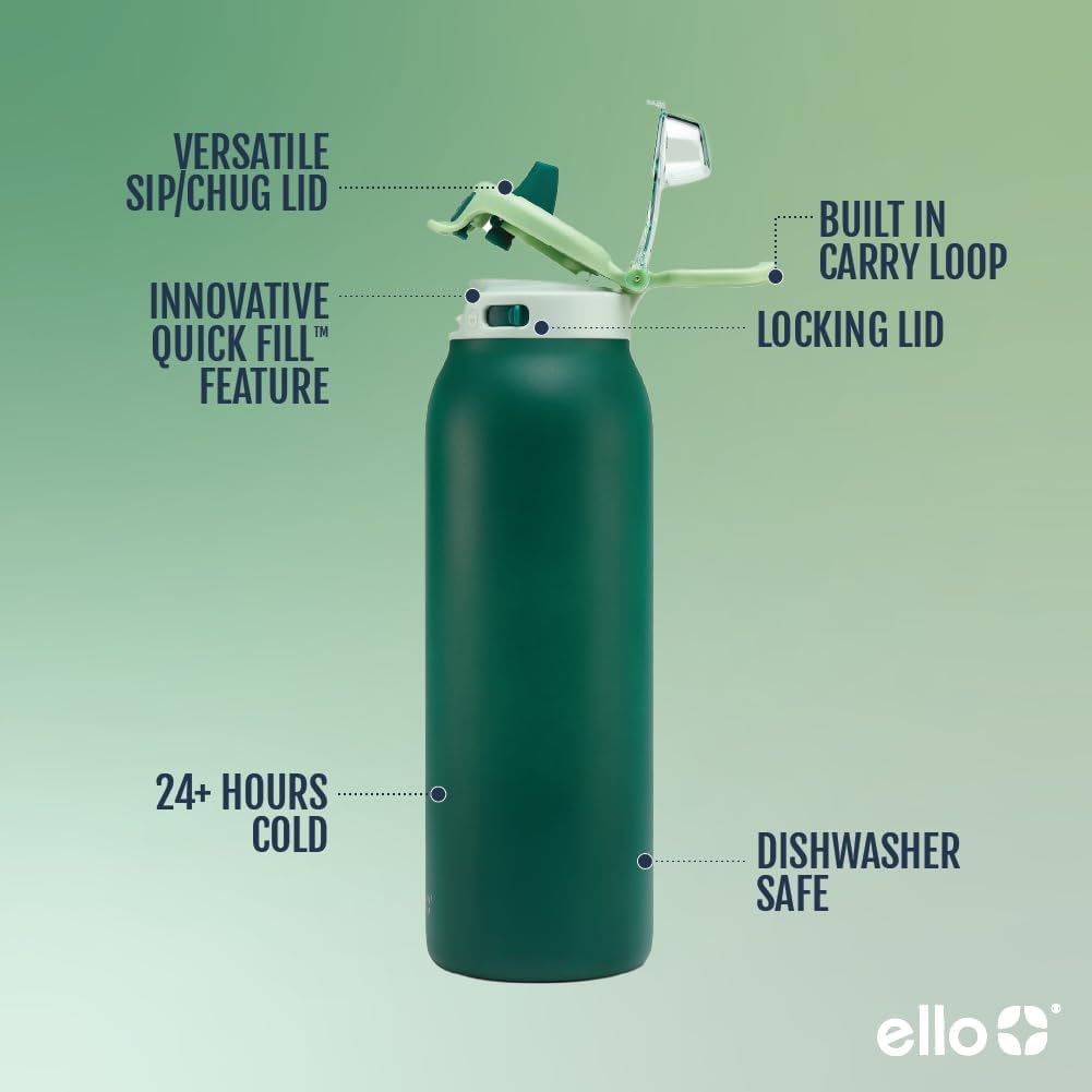 Ello Pop & Fill Stainless Steel Water Bottle with Quick Fill Technology, Double Walled Vacuum Insulated Metal, Leak Proof Locking Lid, Sip & Chug, BPA Free, Holiday Gift for Him Her, 22oz, 32oz, 40oz