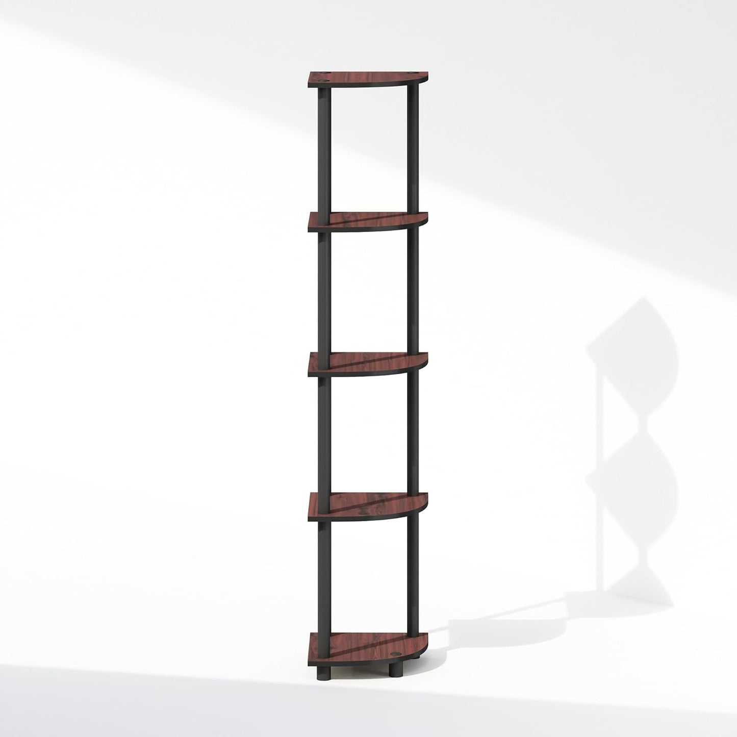 Furinno Turn-N-Tube Corner Shelf, 5-Tier Corner Bookshelf, Open Storage Shelves, for Organization and Storage, Living Room, Home Office, Garage, Bedroom, Dark Cherry