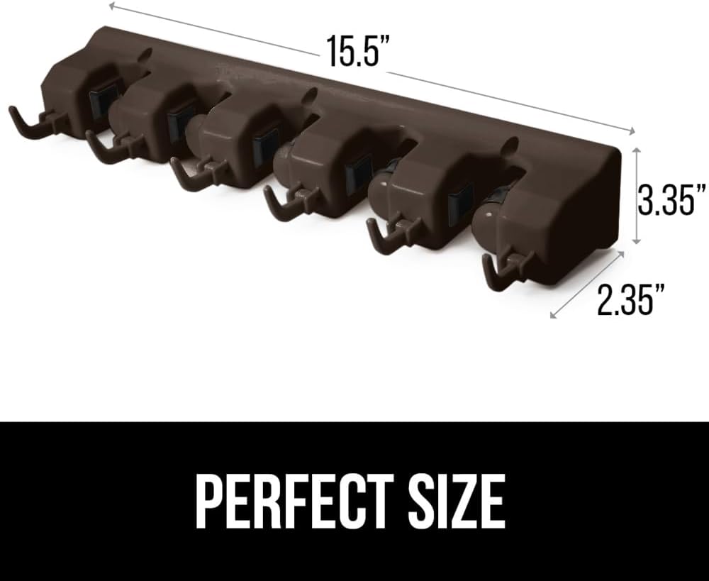 GORILLA GRIP Wall Mount Hook Fixture, Also Includes Slots to Hold Mop, Broom, Tools, Easy Install, Organize Cleaners, Tools, Home, Kitchen, Garage, 6 Hooks 5 Slots, Brown