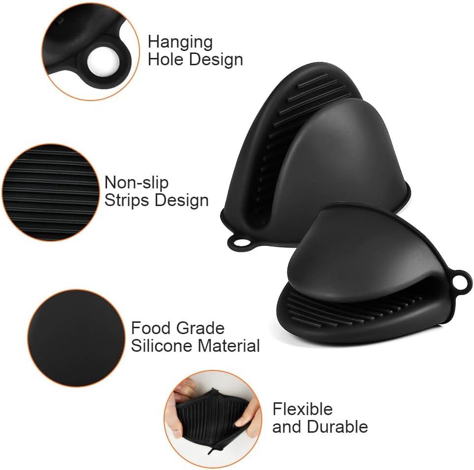 AUAUY 1 Pair Mini Silicone Oven Mitts, Heat Resistant Pot Holders Mitts, Cute Oven Pinch Grip Gloves, Small Potholders for Kitchen, Air Fryer Mitts Pair for Cooking, Baking and Grilling (Black)