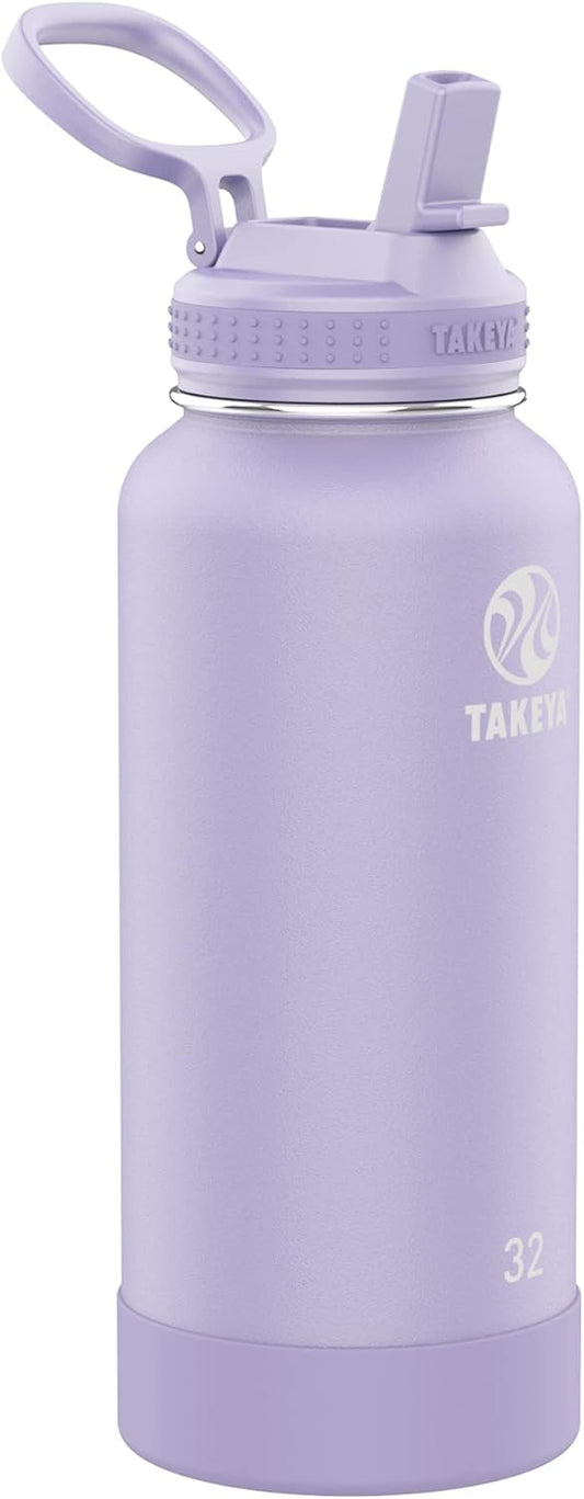 Takeya Actives 32 oz Water Bottle with Straw Lid - Double Wall Stainless Steel Insulation - Dishwasher Safe & BPA-Free - Removable Bumper - Lavender Field