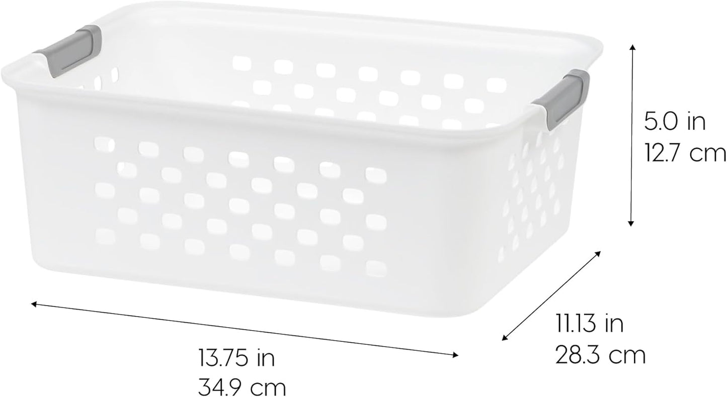 IRIS USA Plastic Basket, 4-Pack, Medium, Shelves Storage Basket for Organizing Pantry, Office, Craft Room, Cabinet, Bedroom, Closet, Laundry Room, White