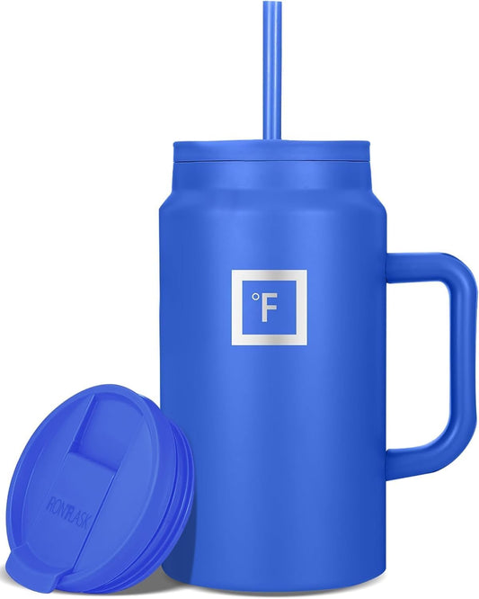 IRON °FLASK Co-Pilot Insulated Mug w/Straw & Flip Cap Lids - Cup Holder Bottle for Hot, Cold Drink - Leak-Proof - Water, Coffee Portable Travel Mug - Cobalt Blue, 50 Oz