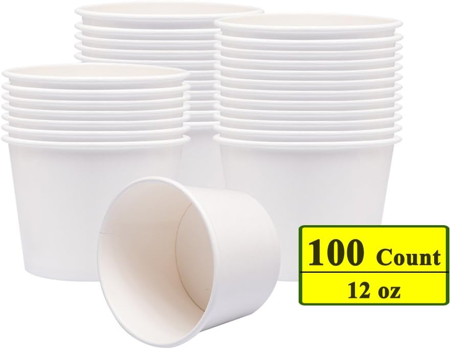 Paper Ice Cream Cups, Paper Hot/Cold Soup Cups - 100 Count Cups (White) (12 oz)
