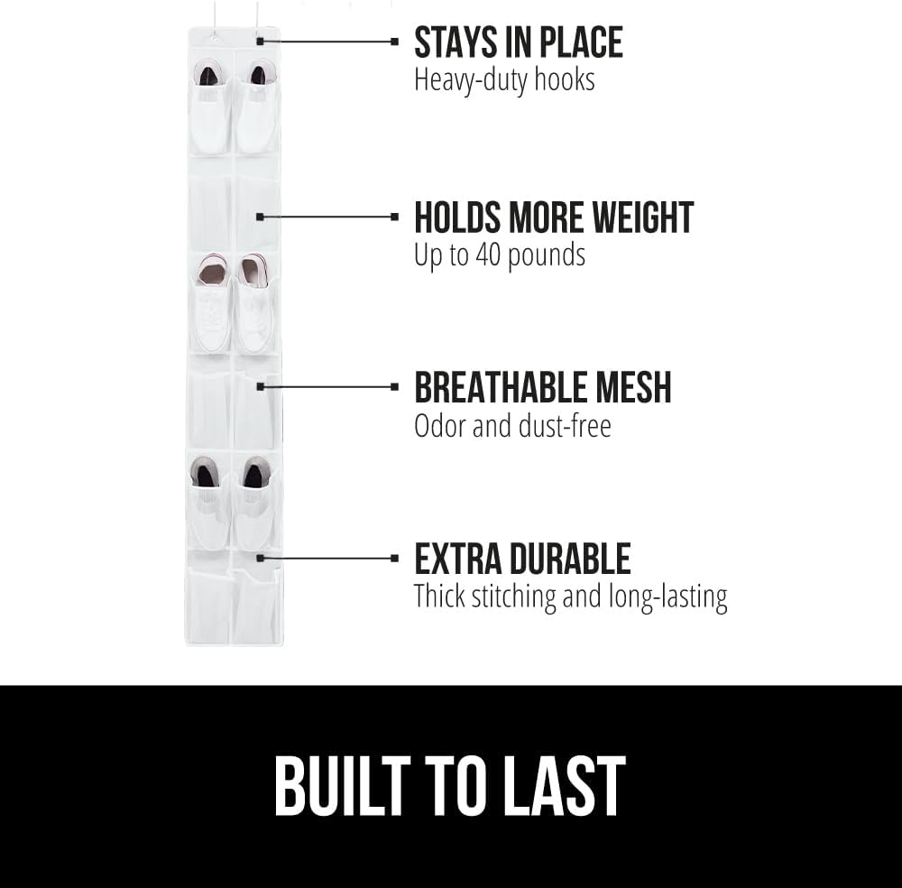 GORILLA GRIP Over the Door Shoe Organizer, 12 Large Breathable Mesh Pockets, Space Saving Hanging Storage Holder, 2 Hook Closet Rack Hanger, Hangs on Closets for Shoes, Accessories, 64H x 9.5W White