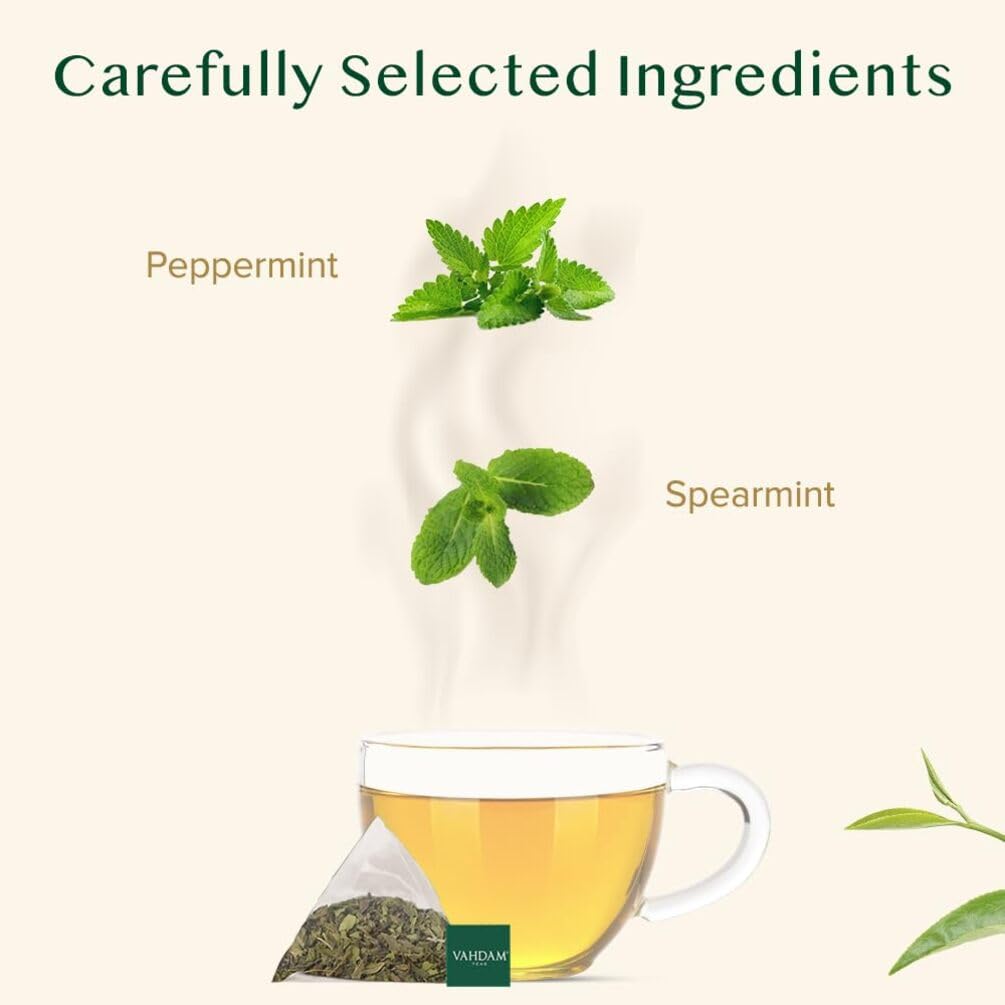 VAHDAM, Pure Mint Herbal Tea (15 Pyramid Tea Bags) Caffeine Free | Blend of Spearmint & Peppermint - Sweet & Minty | Resealable Ziplock Pouch