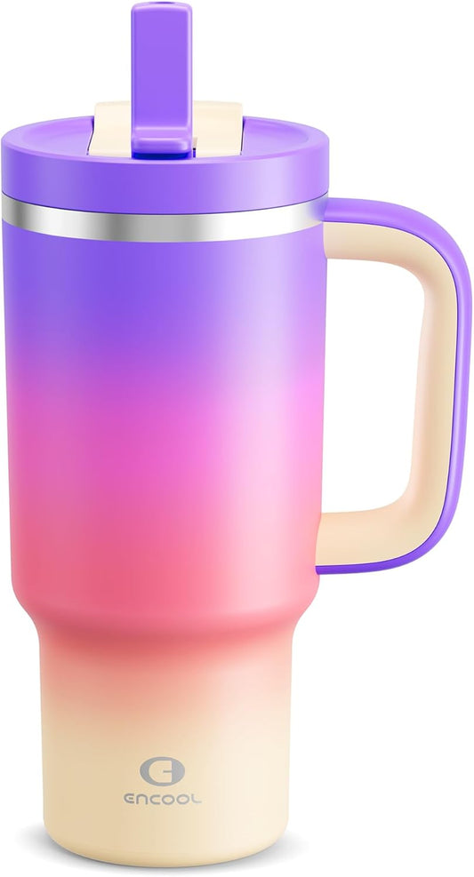 32 oz Tumbler with Handle and Straw: Stainless Steel Insulated Tumbler Keeps Cold for 24 Hours, Leakproof Travel Cup Fits in Cup Holder and BPA-Free, Peach Dream