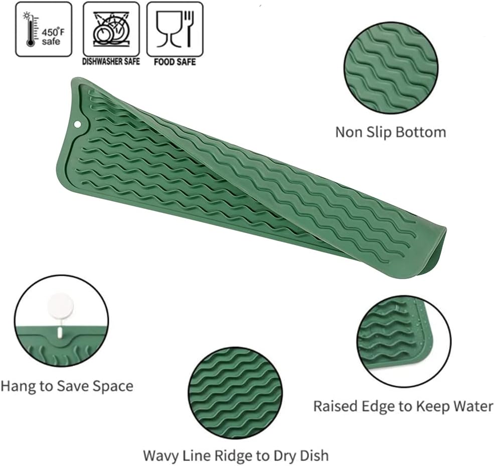 Silicone Dish Drying Mat for Multiple Usage,Easy clean,Eco-friendly,Heat-resistant Silicone Mat for Kitchen Counter,Sink,Bar,Bottle,or Cup Green M 17 inches x 6 inches