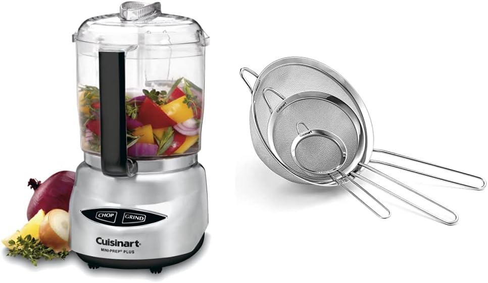 Cuisinart Mini Prep Plus Food Processor, 4 Cup, Brushed Stainless & Mesh Strainers, 3 Pack Set, CTG-00-3MS