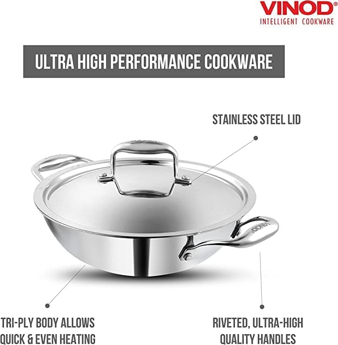 Vinod Platinum Extra Deep Kadai for Home and Kitchen, 24cm 3.3 LTR,Stainless Steel