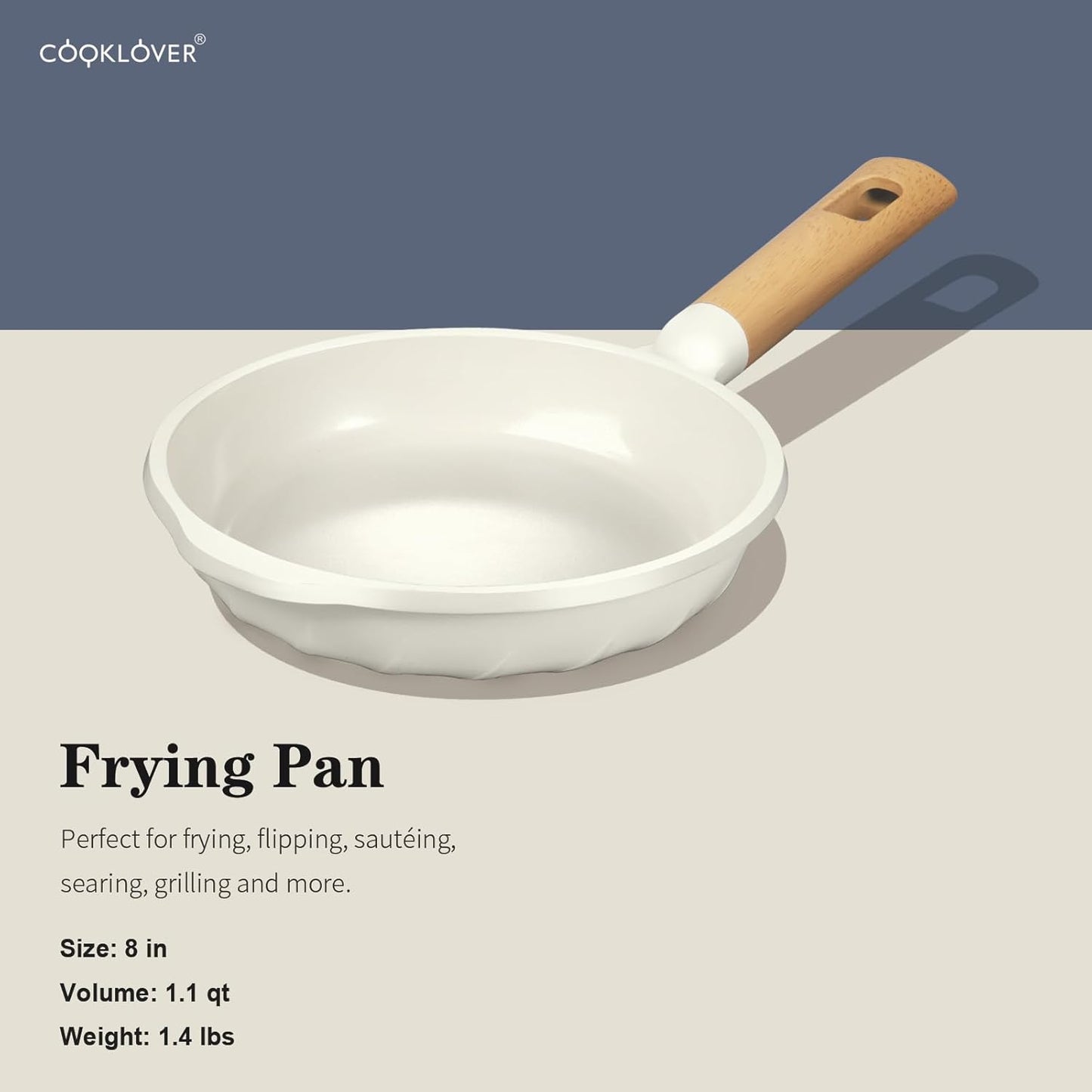 COOKLOVER Nonstick Frying Pan 100% PFOA Free Cookware Induction Skillet Stir Fry Pan (Cream white, 7.9 inch)