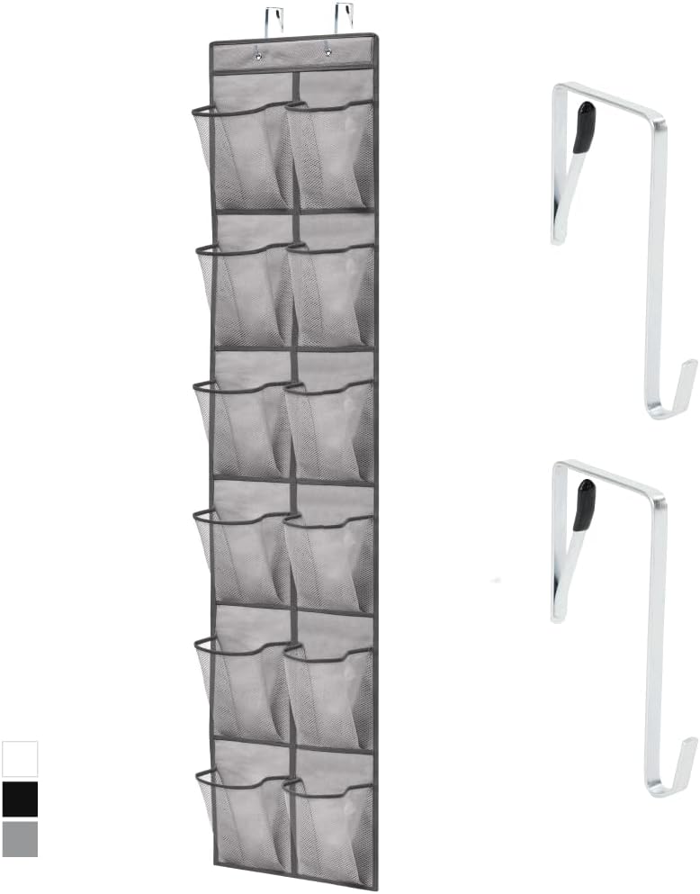 GORILLA GRIP Over the Door Shoe Organizer, 12 Large Breathable Mesh Pockets, Space Saving Hanging Storage Holder, 2 Hook Closet Rack Hanger, Hangs on Closets for Shoes, Accessories, 64H x 9.5W Gray