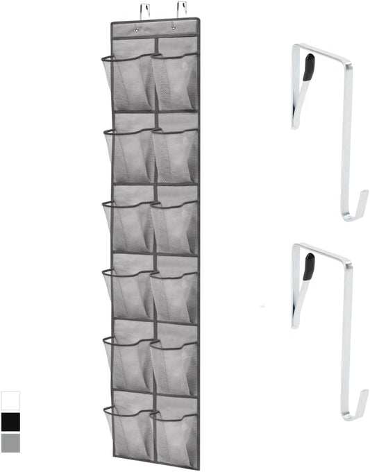GORILLA GRIP Over the Door Shoe Organizer, 12 Large Breathable Mesh Pockets, Space Saving Hanging Storage Holder, 2 Hook Closet Rack Hanger, Hangs on Closets for Shoes, Accessories, 64H x 9.5W Gray