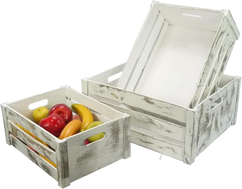 Admired By Nature Wooden Crates Storage Container, Big Rustic White Set of 3, Farmhouse Style Decorative Baskets for Home Decor, Rustic Decor, Nesting Stackable Organizers, Distressed Wood Crates