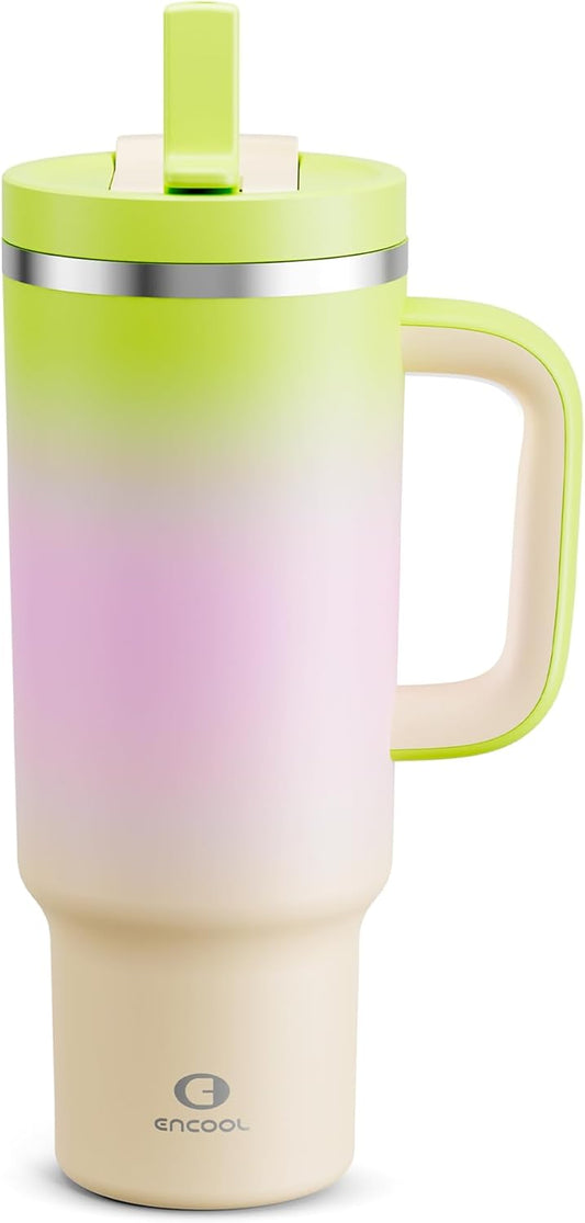 ENCOOL 40 oz Tumbler with Handle and Straw: Stainless Steel Insulated Tumbler Keeps Cold for 24 Hours, Leakproof Travel Cup Fits in Cup Holder and BPA-Free, Morning Dew