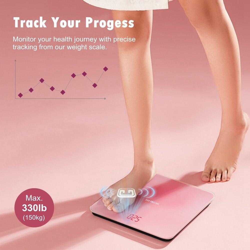 NUTRI FIT Digital Scale for Body Weight, Precision Bathroom Weighing Scale Step-On Technology High Capacity - 330 lb, LED Display with High Precision Measurements, Pink